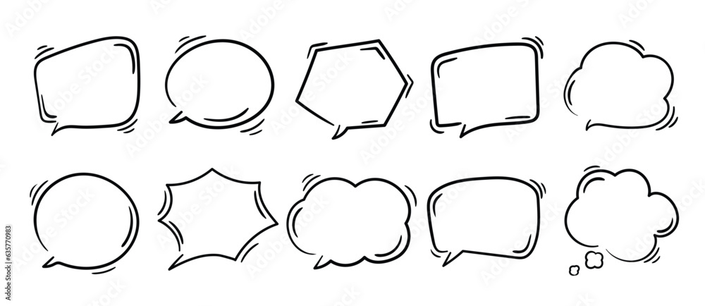 Set of speech bubble doodle element vector. Hand drawn doodle style collection of different speech bubble symbol. Illustration design for print, cartoon, card, decoration, sticker, icon. Set of speech bubble doodle element vector. Hand drawn doodle style collection of different speech bubble symbol. Illustration design for print, cartoon, card, decoration, sticker, icon.