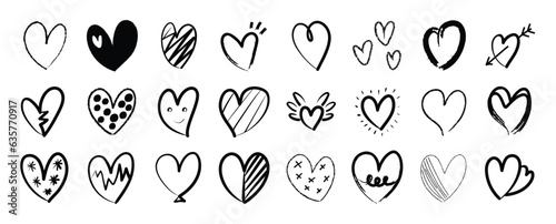 Set of heart doodle element vector. Hand drawn doodle style collection of different heart, love symbol. Illustration design for print, cartoon, card, decoration, sticker, icon, valentine day.