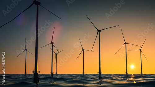 3D Render of Offshore Windmill Park Generating Electricity. Wind Turbines Working in the Ocean and Producing Clean and Sustainable Green Energy For Cities. Beautiful Evening Sunset With Vawes.