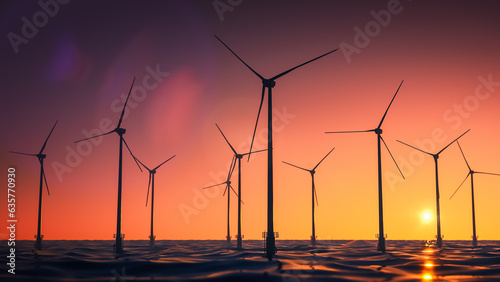 3D Render of Offshore Windmill Park Generating Electricity. Wind Turbines Working in Ocean and Producing Clean and Sustainable Green Energy For Cities. Beautiful Morning Sunrise With Peaceful Vawes.