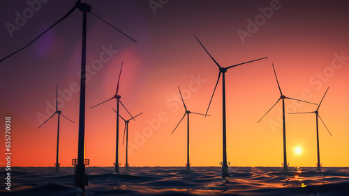 3D Render of Offshore Windmill Park Generating Electricity. Wind Turbines Working in the Ocean and Producing Clean and Sustainable Green Energy For Cities. Beautiful Morning Sunrise With Vawes.