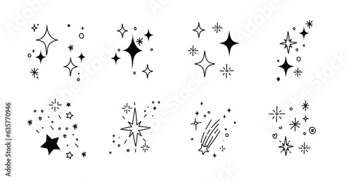 Set of cute sparkle doodle element vector. Hand drawn doodle style collection of different sparkle, firework, stars. Illustration design for print, cartoon, card, decoration, sticker, icon.