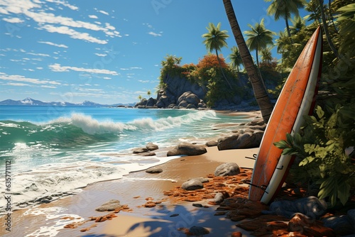 Sunny shoreline, Palm-fringed beach, surfboards, red ball an illustrated coastal paradise Generative AI