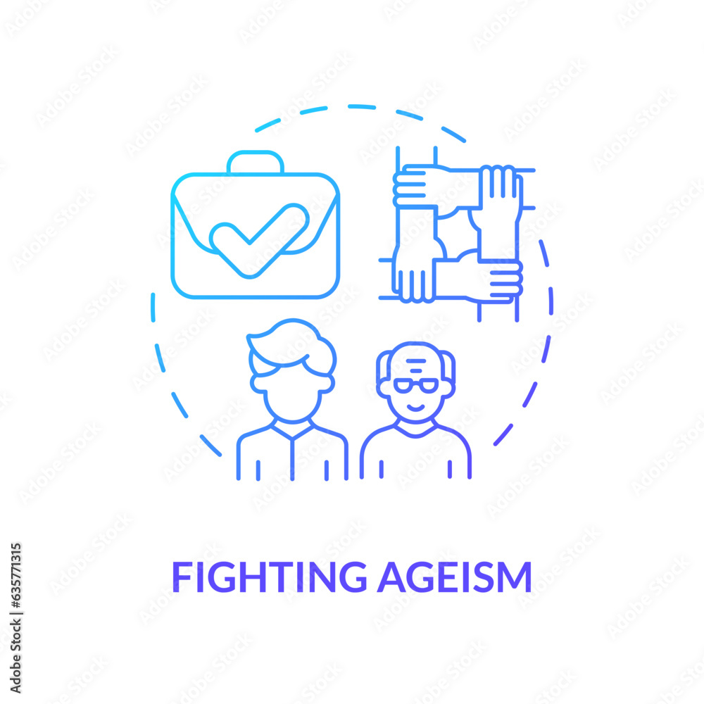 2D gradient fighting ageism thin line icon concept, isolated vector, blue illustration representing unretirement. 2D gradient fighting ageism thin line icon concept, isolated vector, blue illustration representing unretirement.