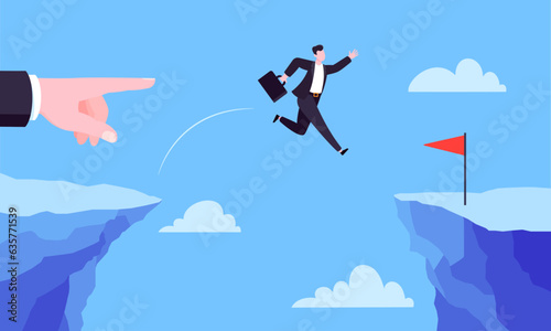 Businessman jumps over the abyss across the cliff flat style design vector illustration. Business concept of fearless businessman with huge courage. Risk, goal achievement, work obstacles and success.