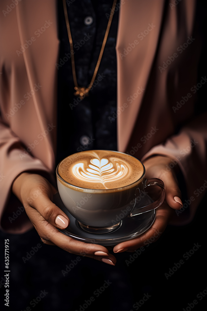 Elegant hands presenting a cappuccino with latte art.