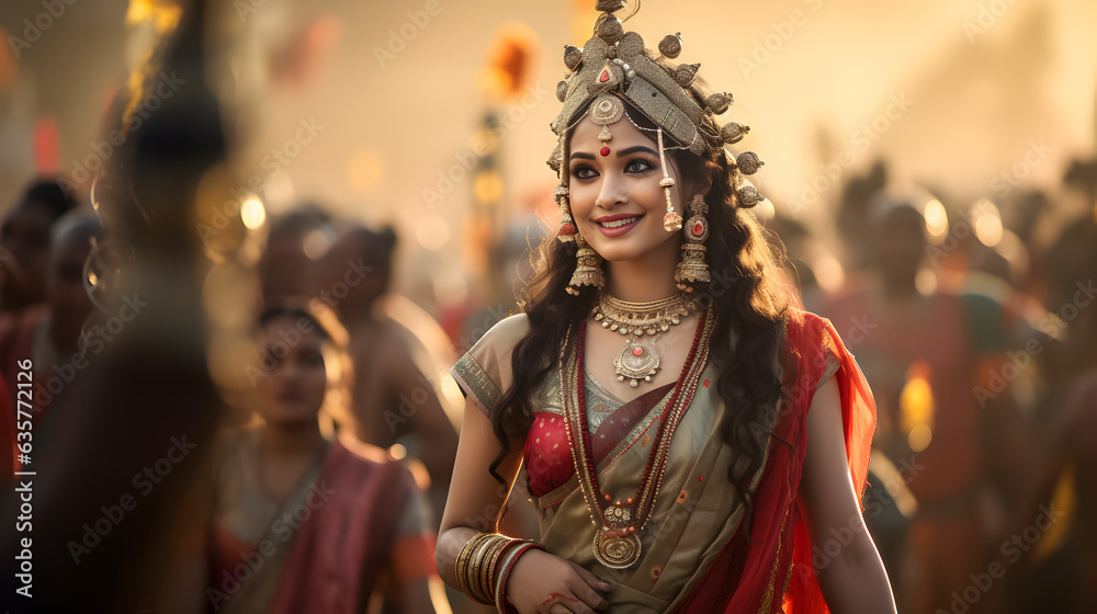 Indian dancer in festive costume with a joyous expression, crowd behind.