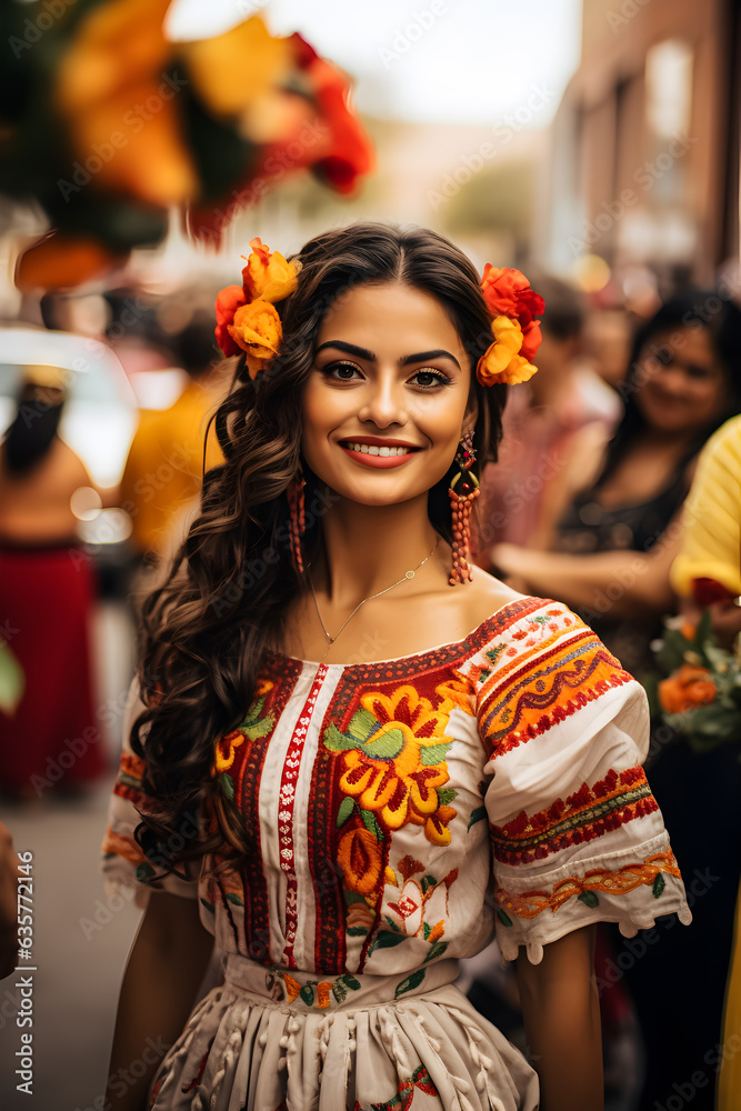 Joyful female with flowers in hair, traditional festive attire, street backdrop.