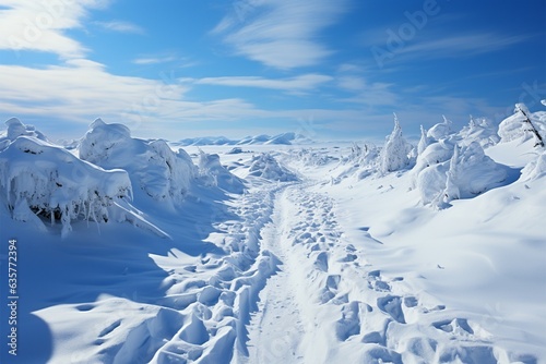 Uphill in snow Human footprints document determined climb through wintry hill Generative AI