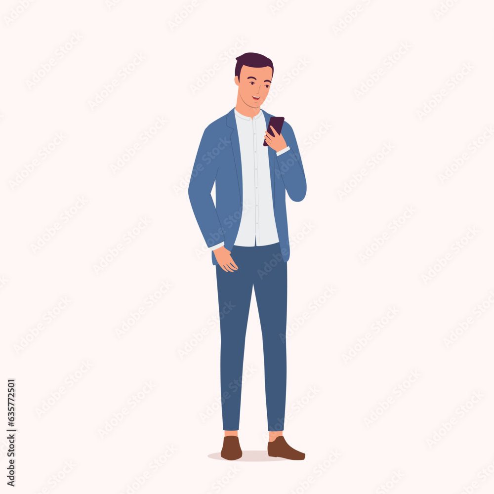 One Smiling Businessman Using His Mobile Phone While Standing. Full Length. One Smiling Businessman Using His Mobile Phone While Standing. Full Length.