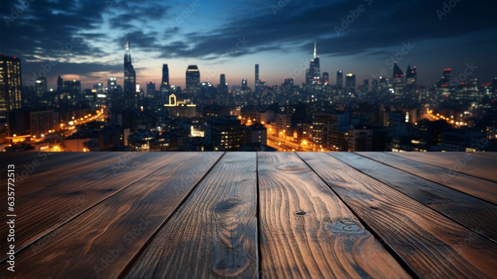 Urban horizon Wooden table under blurred night sky, city buildings softly illuminated Generative AI