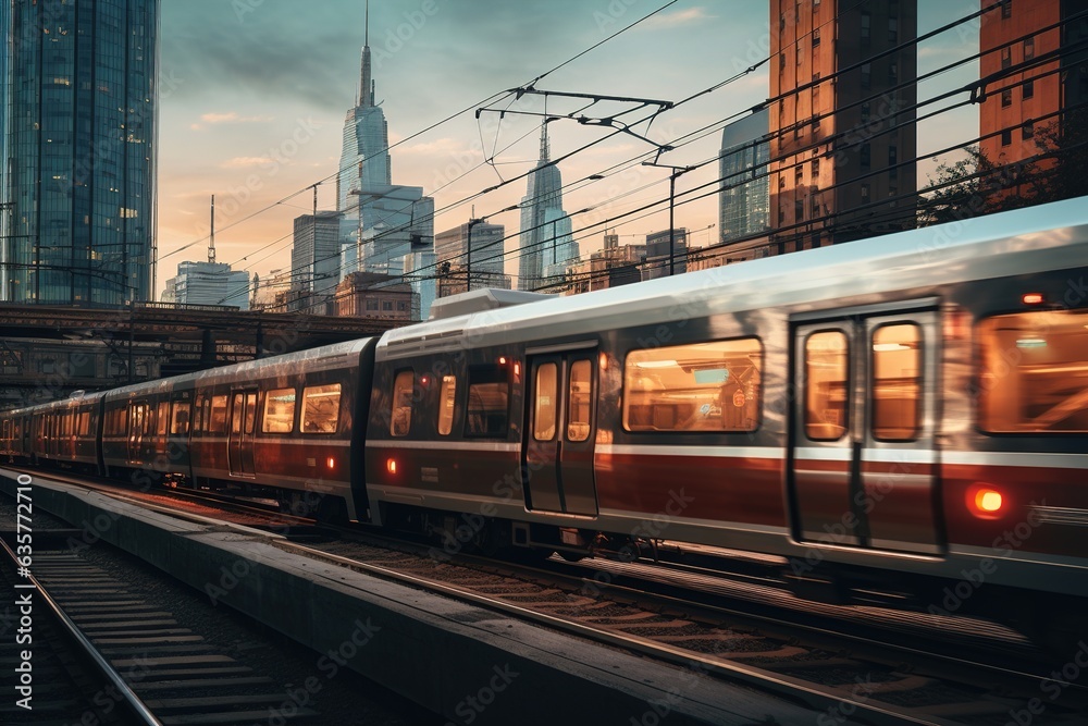 Electric train travels on rails.