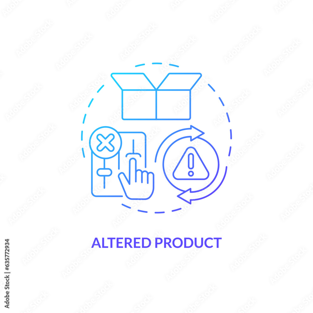 2D gradient altered product thin line icon concept, isolated vector, blue illustration representing product liability. 2D gradient altered product thin line icon concept, isolated vector, blue illustration representing product liability.