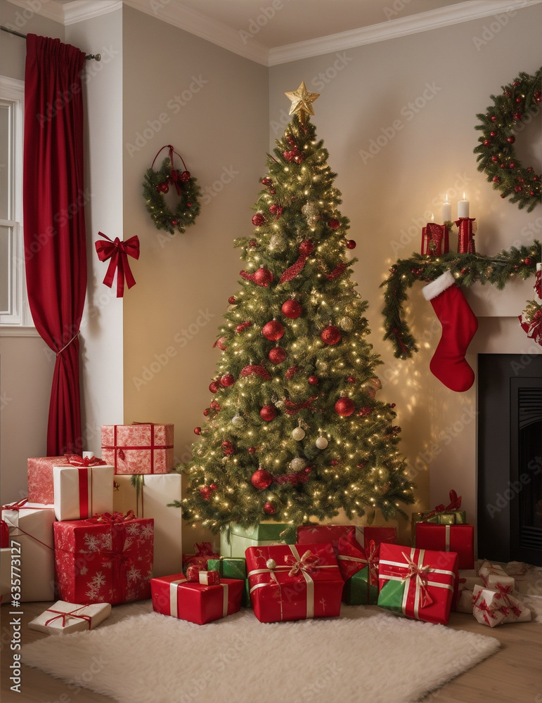 A decorated Christmas tree and wrapped gift under it in a dark sitting room, Christmas time. Image created using artificial intelligence.