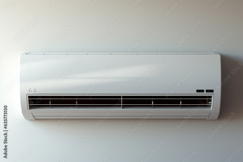 Wall mounted split AC unit against white backdrop, creating a soothing blur Generative AI Wall mounted split AC unit against white backdrop, creating a soothing blur Generative AI