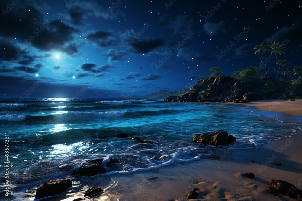 Waves midnight rendezvous Sandy beach kissed by sea under a star studded sky Generative AI