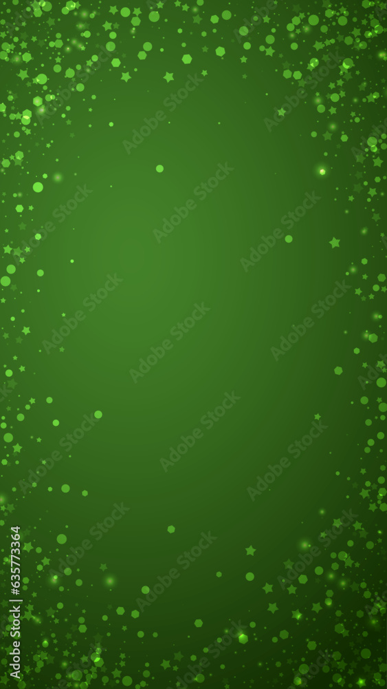 Snowfall overlay christmas background. Subtle flying snow flakes and stars on christmas green background. Festive snowfall overlay. Vertical vector illustration.