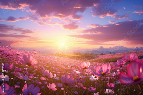 field of cosmos flower at sunset