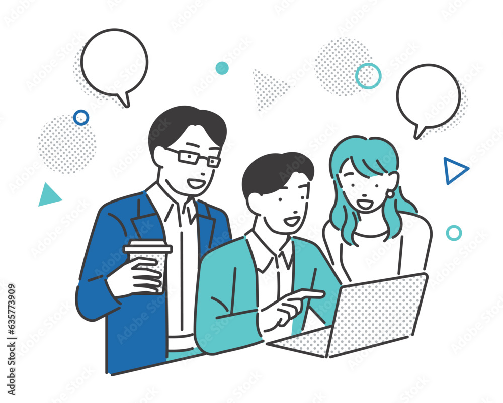 パソコンを見て話し合いをする若いビジネスパーソンのベクターイラスト素材 パソコンを見て話し合いをする若いビジネスパーソンのベクターイラスト素材
