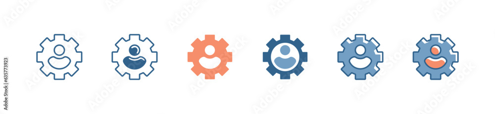 Organization resource management gear icon set vector teamwork structure employee development control symbol illustration cogwheel business element design