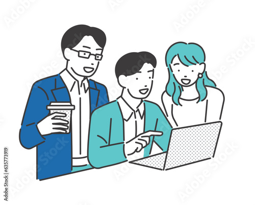 パソコンを見て話し合いをする若いビジネスパーソンのベクターイラスト素材