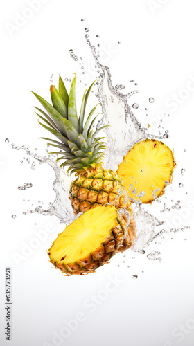 Two pineapples are splashing into the water. Water or juice splash on white background