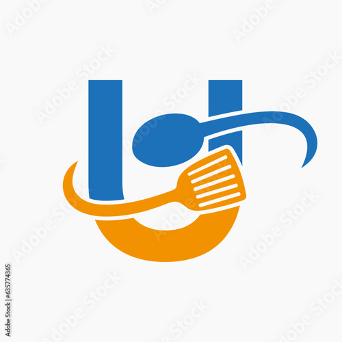 Letter U Restaurant Logo Combined with Spatula and Spoon Icon