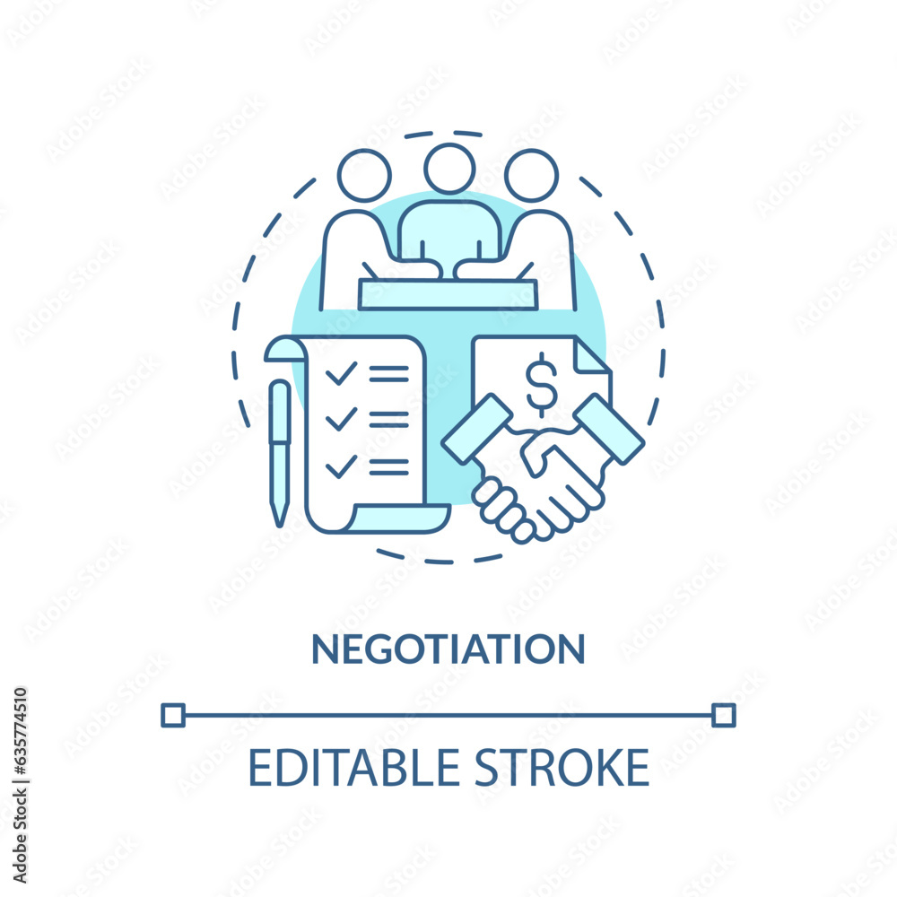 2D editable negotiation thin line icon concept, isolated vector, blue illustration representing vendor management. 2D editable negotiation thin line icon concept, isolated vector, blue illustration representing vendor management.