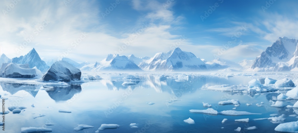 Ice mountains landscape background. Winter arctic panorama. Generative AI technology.