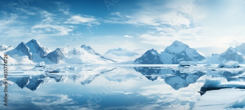 Snow covered mountains landscape background. Winter arctic panorama. Generative AI technology.