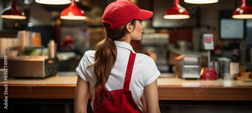 Fast food female waitress waaring red cap. Generative AI technology.