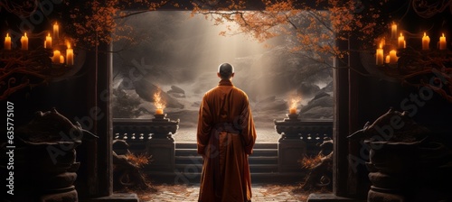 Monk at sacred temple background. Generative AI technology.