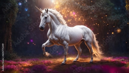 white unicorn in the mythical forest