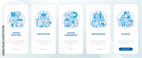 2D icons representing vendor management mobile app screen set. Walkthrough 5 steps blue graphic instructions with linear icons concept, UI, UX, GUI template.