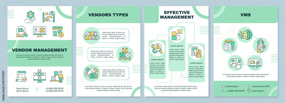2D vendor management green brochure template, leaflet design with thin line icons, 4 vector layouts.