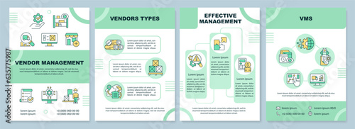 2D vendor management green brochure template, leaflet design with thin line icons, 4 vector layouts.
