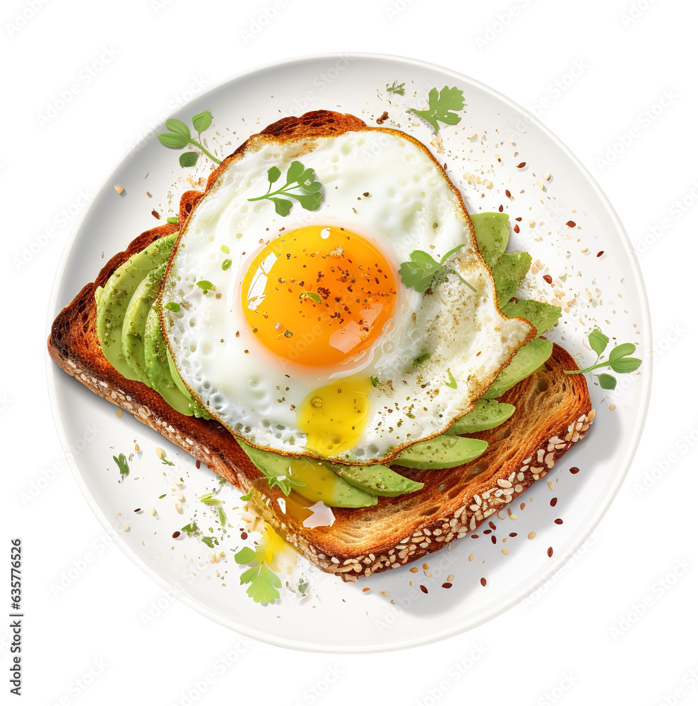 Plate of Avocado Toast with a Fried Egg Isolated on a Transparent Background, png