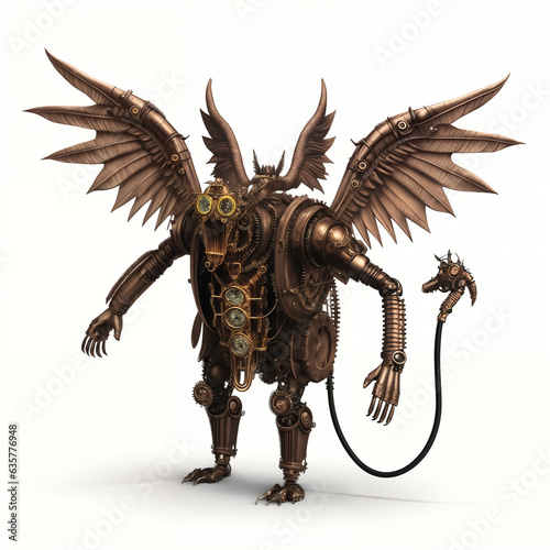 Mechanical Monster with horns and wings. Steampunk style. Isolated on white background. Generative AI.