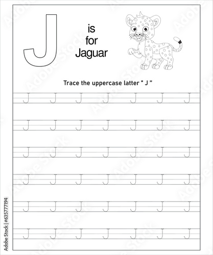 Lively educational tracing worksheet for children to learn the letter J and alphabet with a jaguar