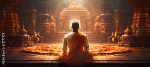 Fotografia Hindu priest meditates in the temple background