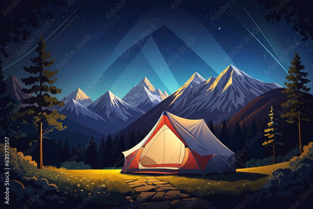 flat 2D vector illustration of a tent in front of an outdoor forest and mountain landscape with starry night sky. Image created using artificial intelligence.