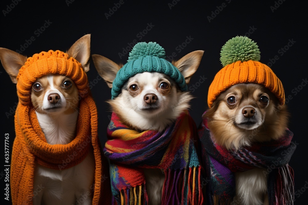 A group of adorable happy dogs dressed in knitted scarves and hats, funny winter illustration, Generative AI