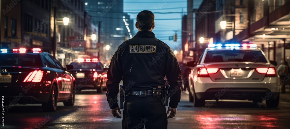 Police officer arrive at crime scene. Generative AI technology.