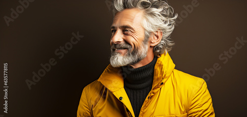 Handsome smiling middle-aged man with gray hair and beard in yellow puffer jacket on dark background. Banner for various concepts sale sportswear active lifestyle