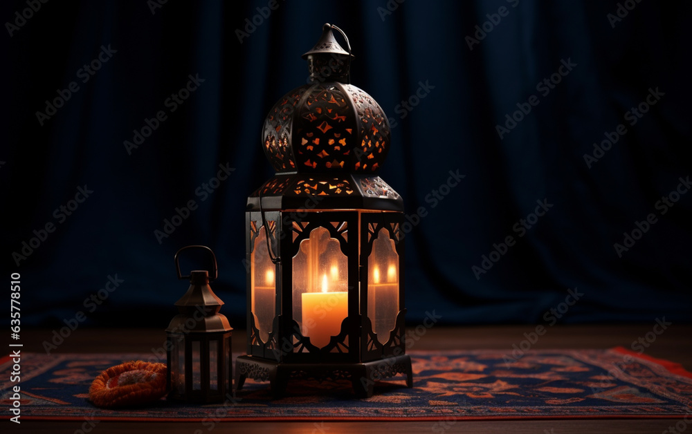 Side view of Ramadan lantern with prayer rug in dark floor, lanterns in isolated background Side view of Ramadan lantern with prayer rug in dark floor, lanterns in isolated background