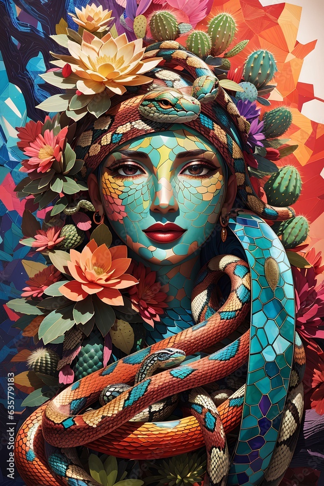 Fototapeta premium A snake of vibrant hues wraps around a cactus tree with a face of a mother, its scales shimmering in a surreal abstract palette