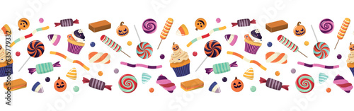 Halloween sweets seamless border. Vector background with Halloween candies. Cartoon holiday desserts. Isolated on white background. Hand drawn delicious sweets.