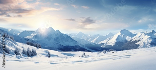 Winter mountains background. Generative AI technology.