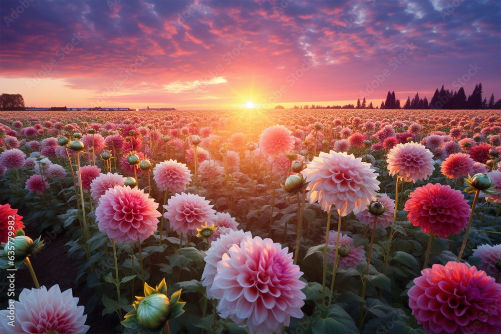 field of dahlia flower at sunset