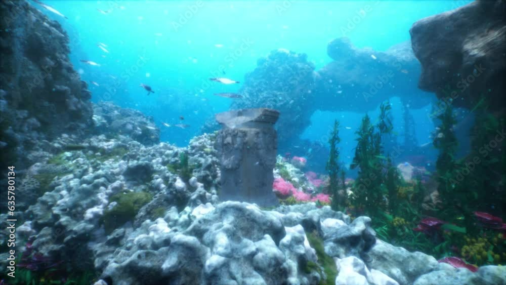 ocean floor holds remains of old city or temple covered in seaweed and coral